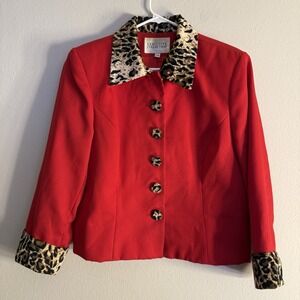 Executive Collection Women's Red Color Long Sleeve Jacket Size 12 Cheetah Accent